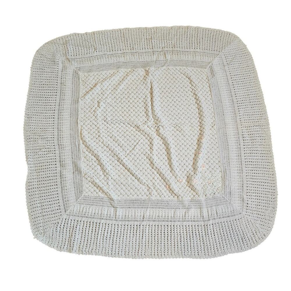 Vintage 1960s 36" Square Rounded Edge Knitted Baby Blanket w/ Embroidery